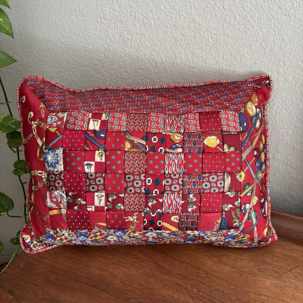 Handmade Reclaimed Necktie Upcycle Men Silk Ties Red Pillow Case 18x10